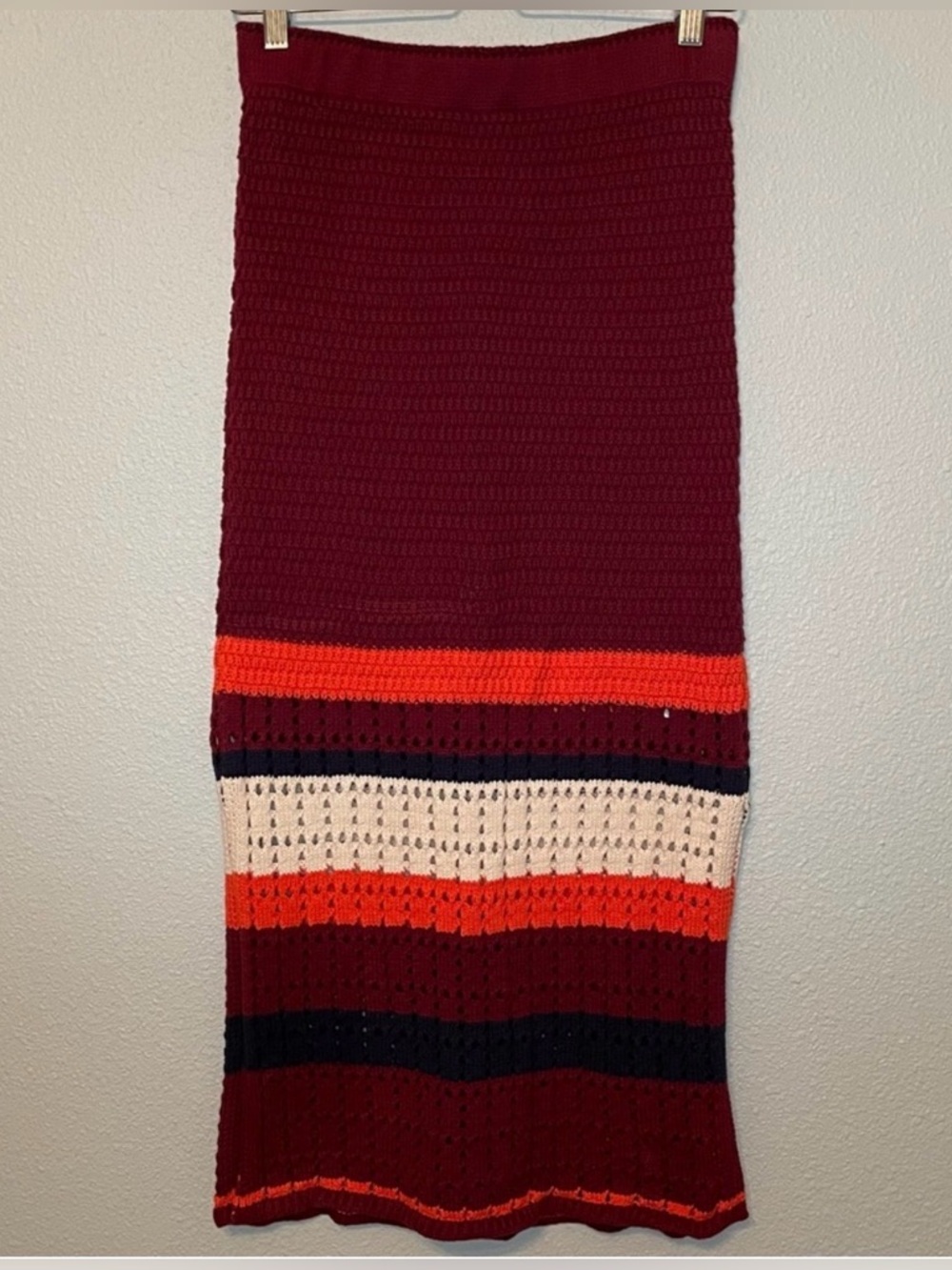 Free People Burgundy Crochet Midi Skirt with Cream, Orange and Black Stripes